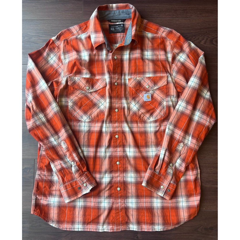 Carhartt Rugged Flex Relaxed Fit Plaid Shirt Mens Large Orange 104912 Q14